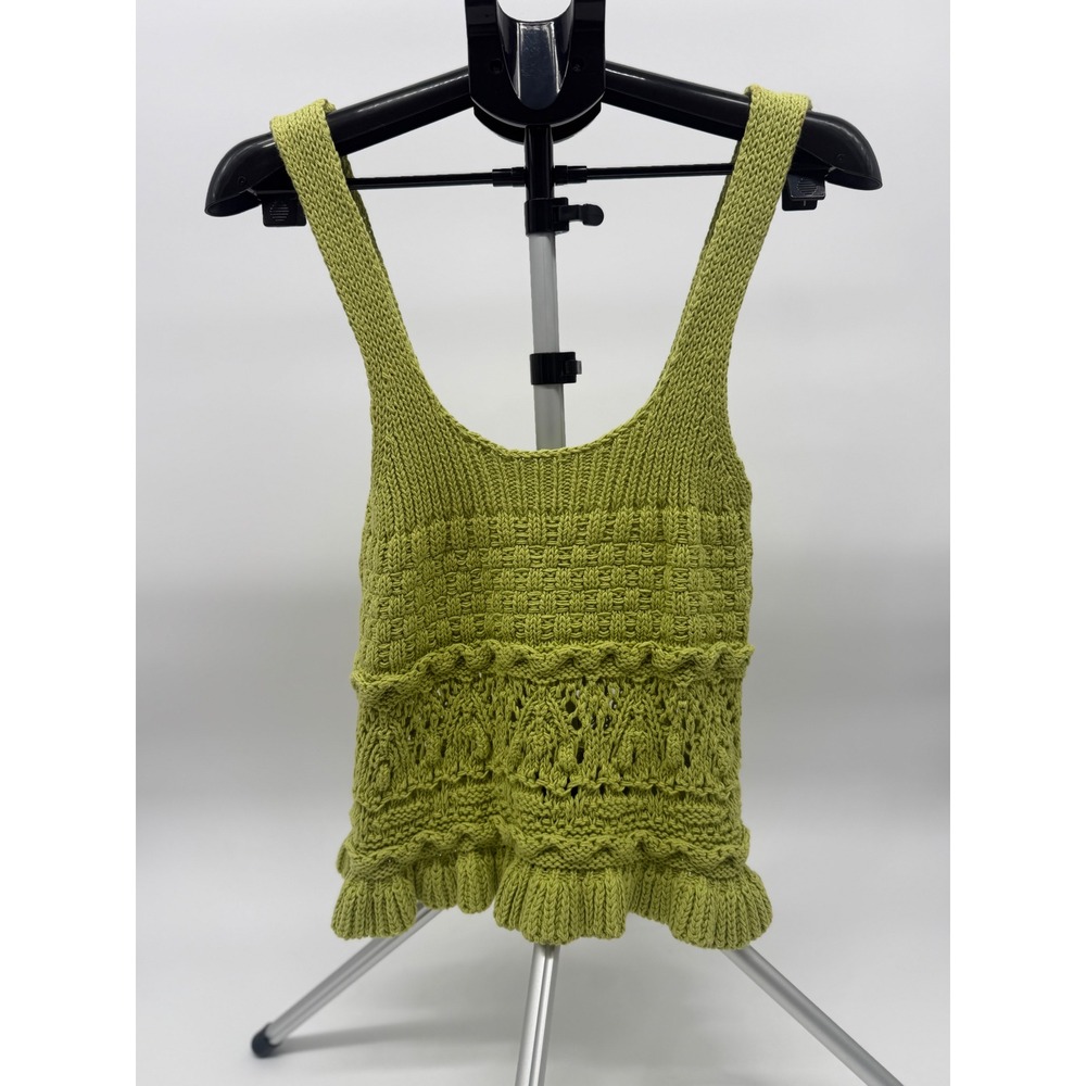 ZARA Womens M Green Crochet Knit Tank Top Ruffle Boho Cottagecore NWT